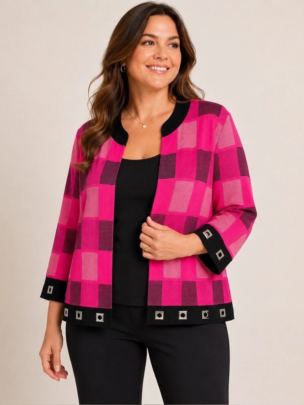 Ming Wang XL Vintage Pink Black Checkered Open Cardigan Mandarin Collar Grommet